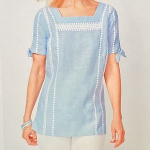 Talbot’s Embroidered Linen Top Tie Sleeves Size L